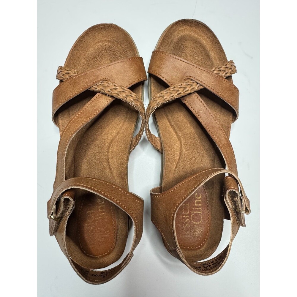 Jessica Cline Size 7M Brooke Wedge Sandals Tan Braided Strappy Crisscross Ankle